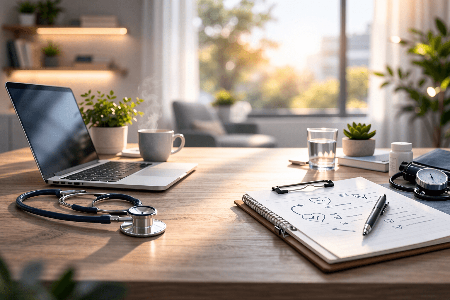 Minimal telehealth workspace with laptop and stethoscope